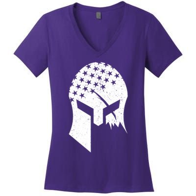 USA American Flag Warrior Skull Helmet Women's V-Neck T-Shirt