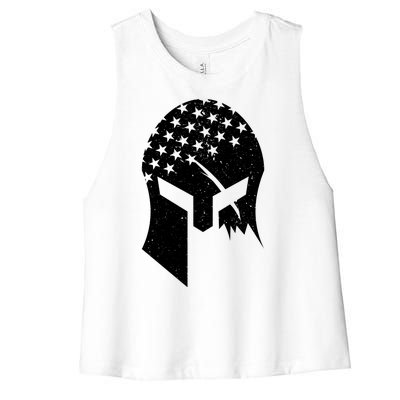 USA American Flag Warrior Skull Helmet Women's Racerback Cropped Tank