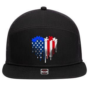 USA American Flag Puzzle Heart 7 Panel Mesh Trucker Snapback Hat