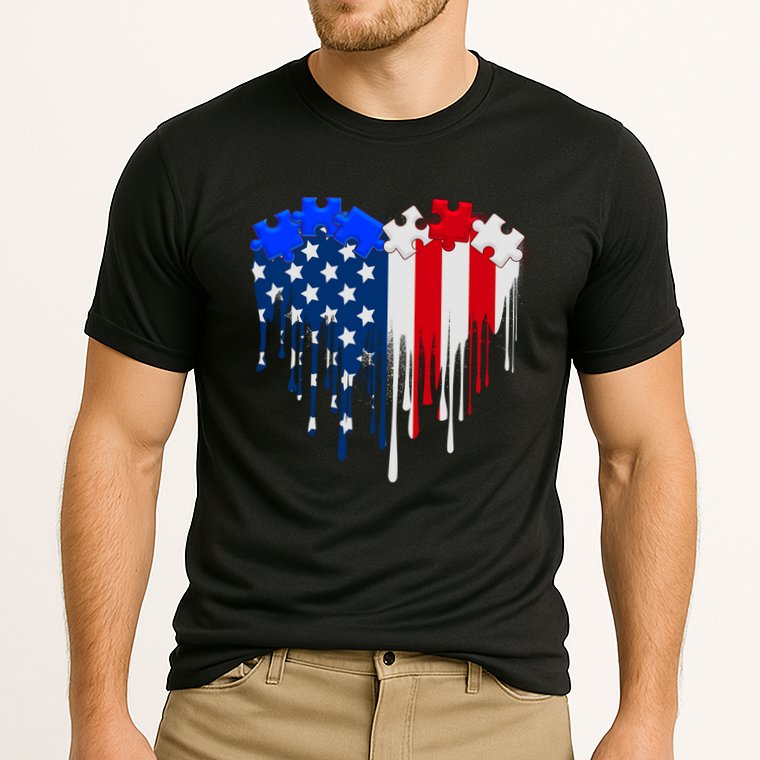 USA American Flag Puzzle Heart Cooling Performance Crew T-Shirt