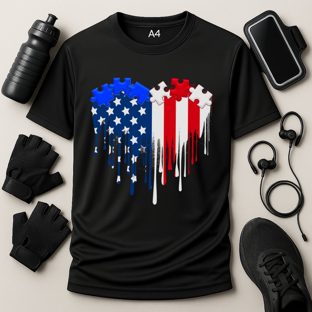 USA American Flag Puzzle Heart Cooling Performance Crew T-Shirt