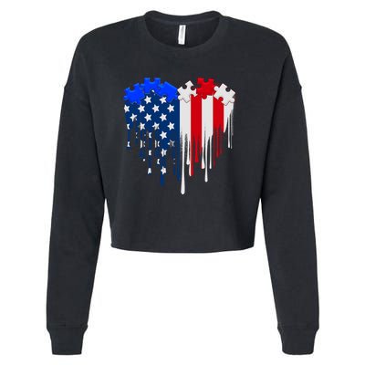 USA American Flag Puzzle Heart Cropped Pullover Crew