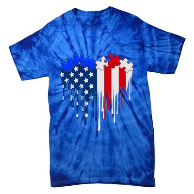 USA American Flag Puzzle Heart Tie-Dye T-Shirt
