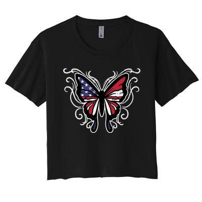 US American Flag Butterfly Vintage 4th of July Patriotic Women's Crop Top Tee