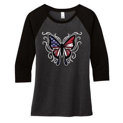 US American Flag Butterfly Vintage 4th of July Patriotic Women's Tri-Blend 3/4-Sleeve Raglan Shirt