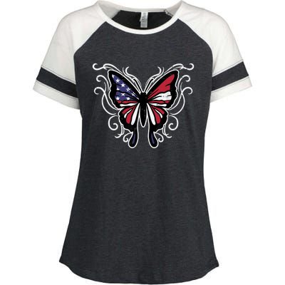 US American Flag Butterfly Vintage 4th of July Patriotic Enza Ladies Jersey Colorblock Tee