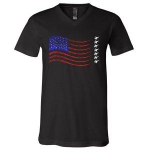 Usa American Flag Fighter Jets Trail V-Neck T-Shirt