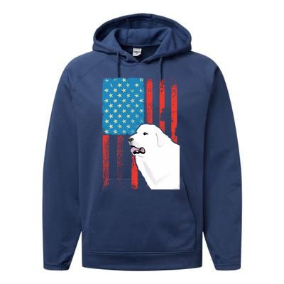 Usa American Flag Gift Patriotic Dog Great Pyrenees Gift Performance Fleece Hoodie