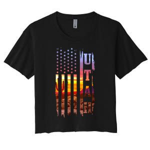 Utah American Flag Pride Landscape Cactus Patriotic Women's Crop Top Tee