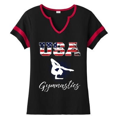 USA American Flag Gymnastics Tee Gymnast 4th Of July Ladies Halftime Notch Neck Tee