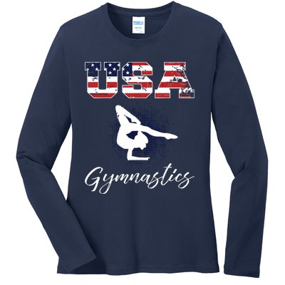 USA American Flag Gymnastics Tee Gymnast 4th Of July Ladies Long Sleeve Shirt