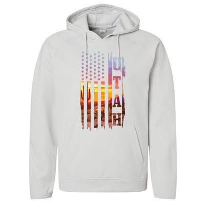 Utah American Flag Pride Landscape Cactus Patriotic Gift Performance Fleece Hoodie