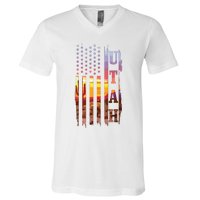 Utah American Flag Pride Landscape Cactus Patriotic Gift V-Neck T-Shirt