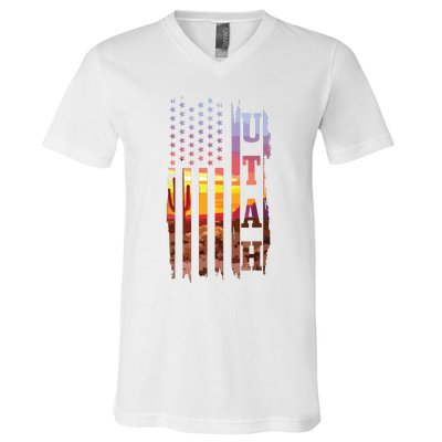 Utah American Flag Pride Landscape Cactus Patriotic Gift V-Neck T-Shirt