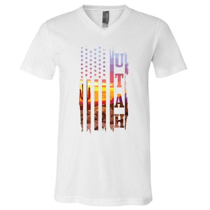 Utah American Flag Pride Landscape Cactus Patriotic Gift V-Neck T-Shirt