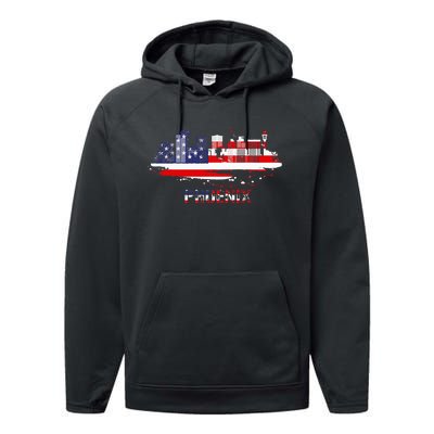 Usa American Flag Cityscape Phoenix Arizona Skyline Performance Fleece Hoodie