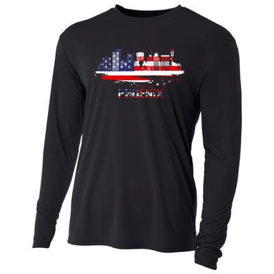 Usa American Flag Cityscape Phoenix Arizona Skyline Cooling Performance Long Sleeve Crew