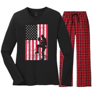 USA American Flag Baseball Red White Blue 4th of July Women's Long Sleeve Flannel Pajama Set 