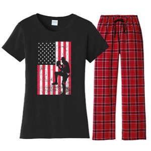 USA American Flag Baseball Red White Blue 4th of July Women's Flannel Pajama Set