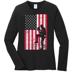 USA American Flag Baseball Red White Blue 4th of July Ladies Long Sleeve Shirt