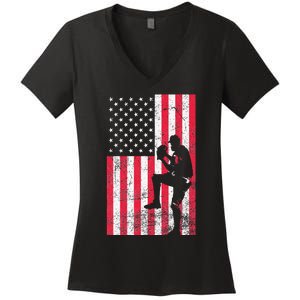 USA American Flag Baseball Red White Blue 4th of July Women's V-Neck T-Shirt