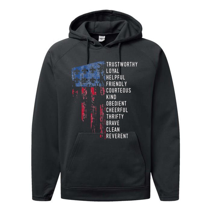 Us America Flag Vintage Scouting Law Performance Fleece Hoodie