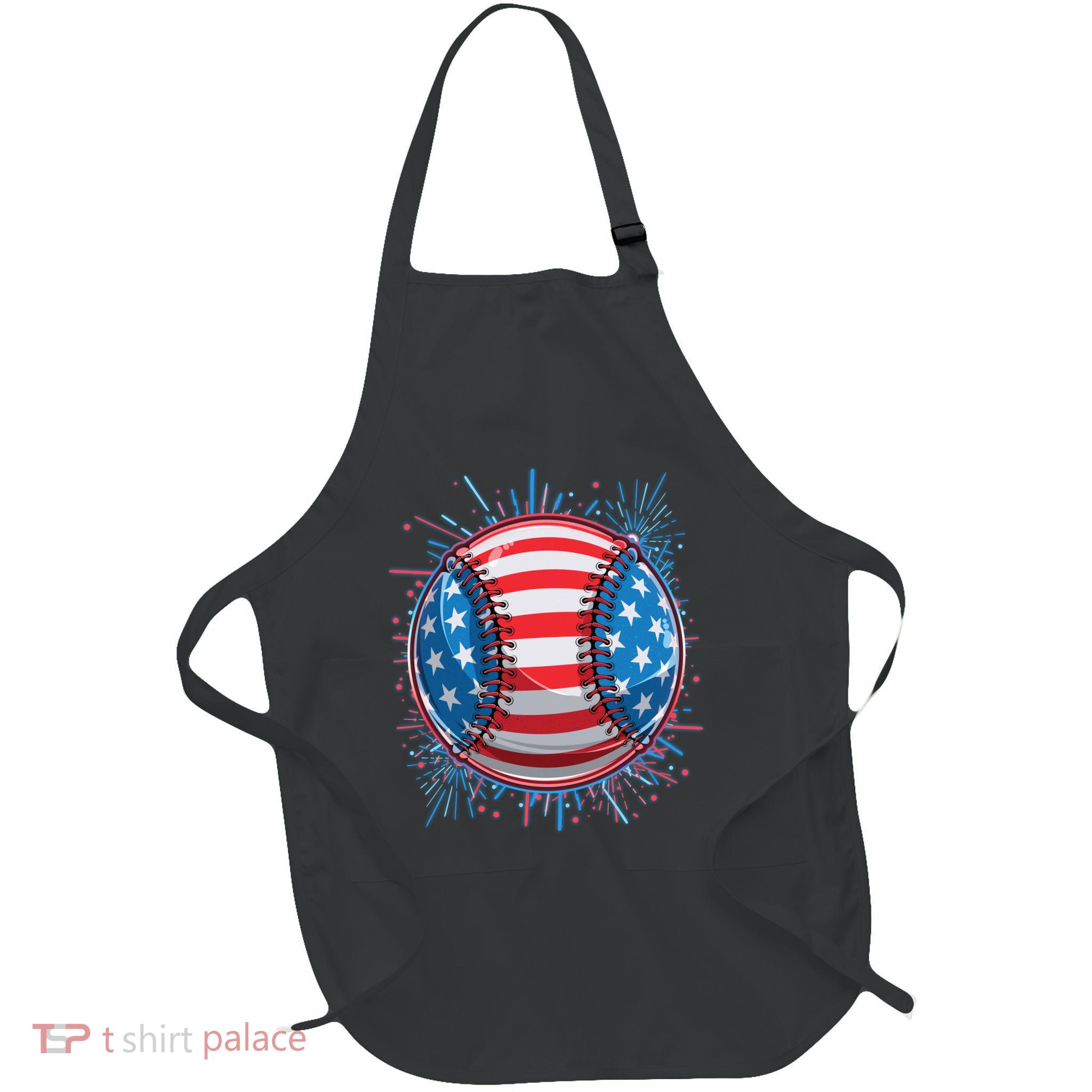 USA American Flag Firework Baseball Full-Length Apron With Pockets