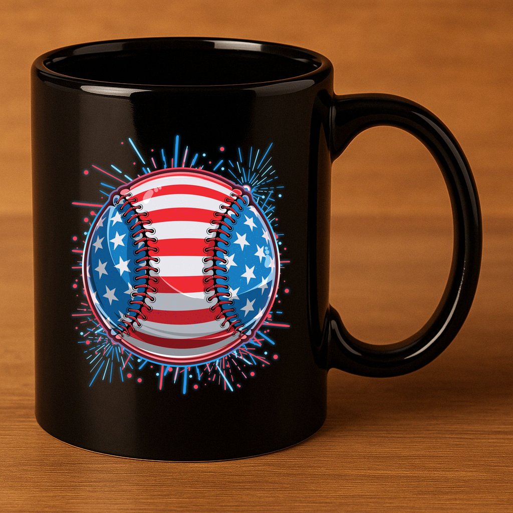 USA American Flag Firework Baseball 11oz C Handle Ceramic Mug
