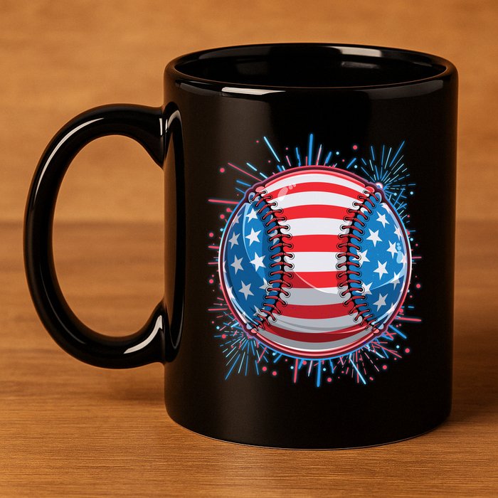 USA American Flag Firework Baseball 11oz C Handle Ceramic Mug