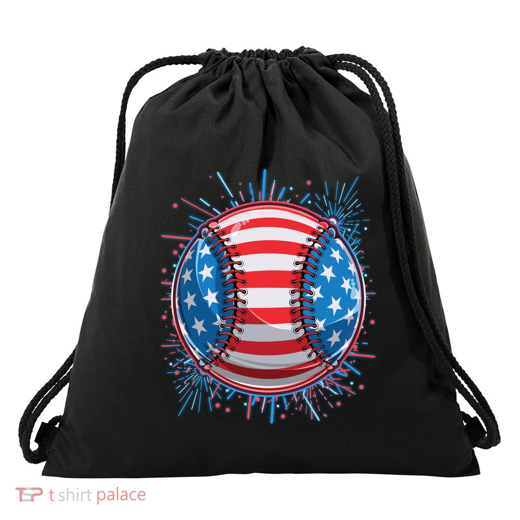 USA American Flag Firework Baseball Drawstring Bag