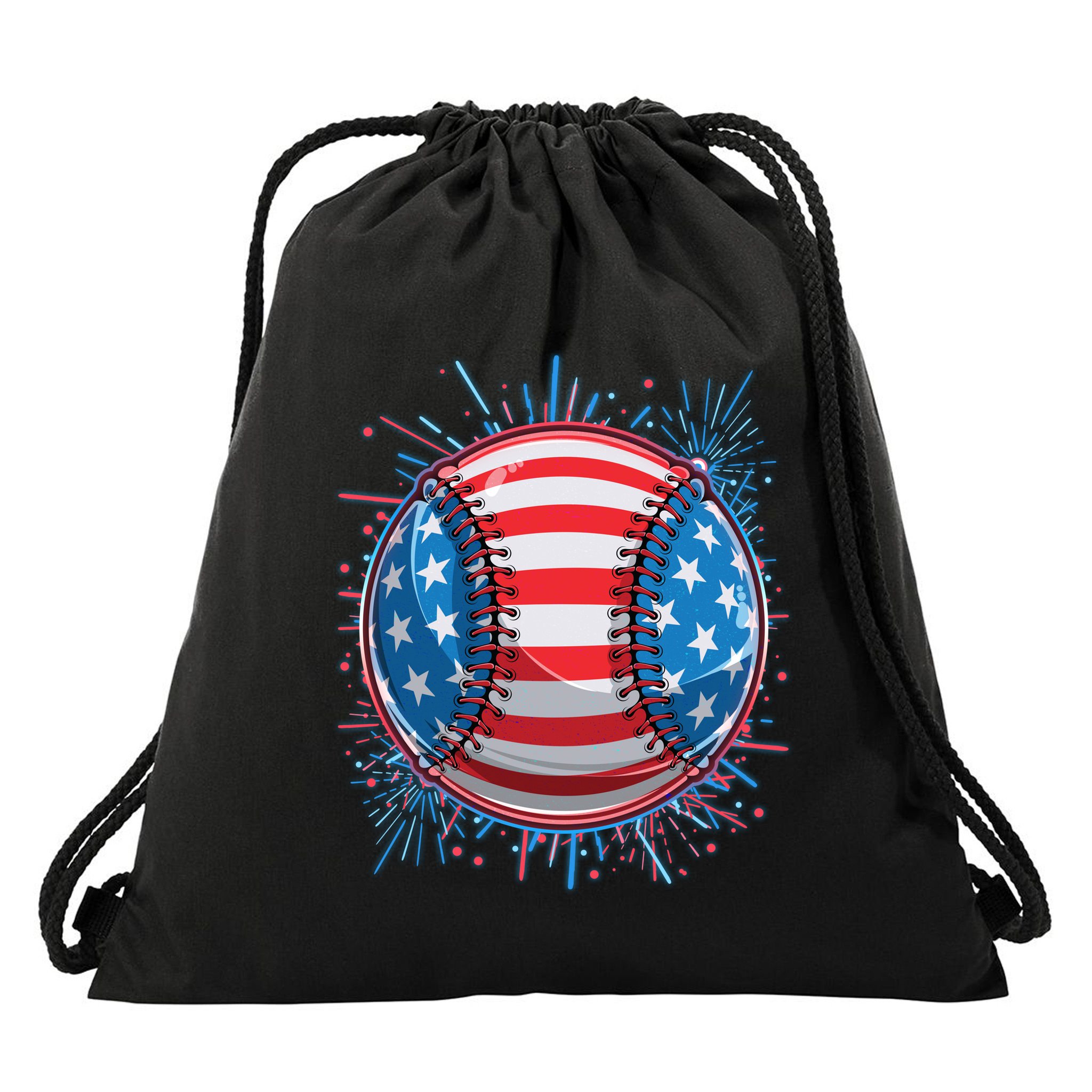 USA American Flag Firework Baseball Drawstring Bag