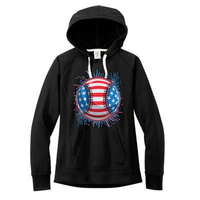 USA American Flag Firework Baseball Women's Fleece Hoodie