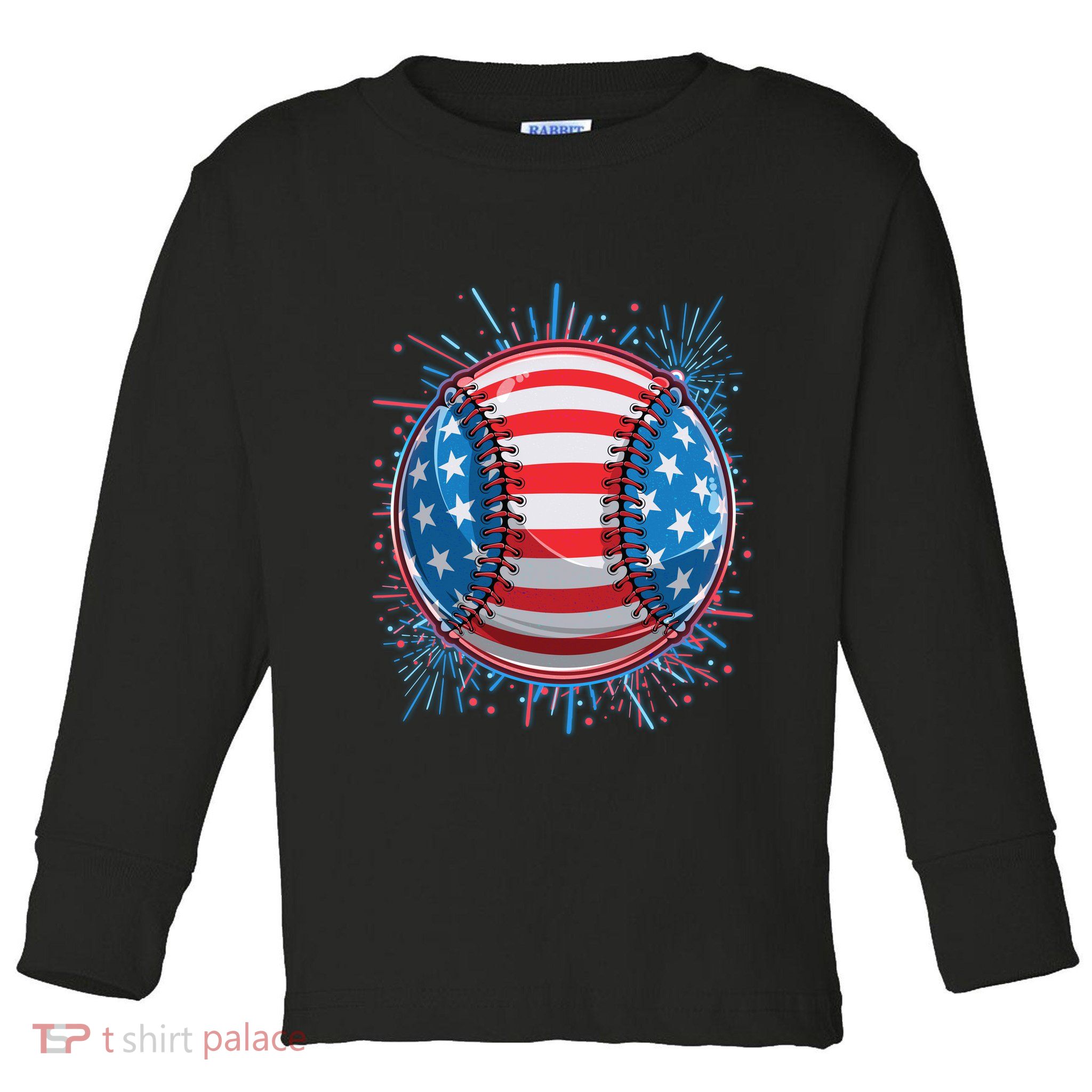 USA American Flag Firework Baseball Toddler Long Sleeve Shirt