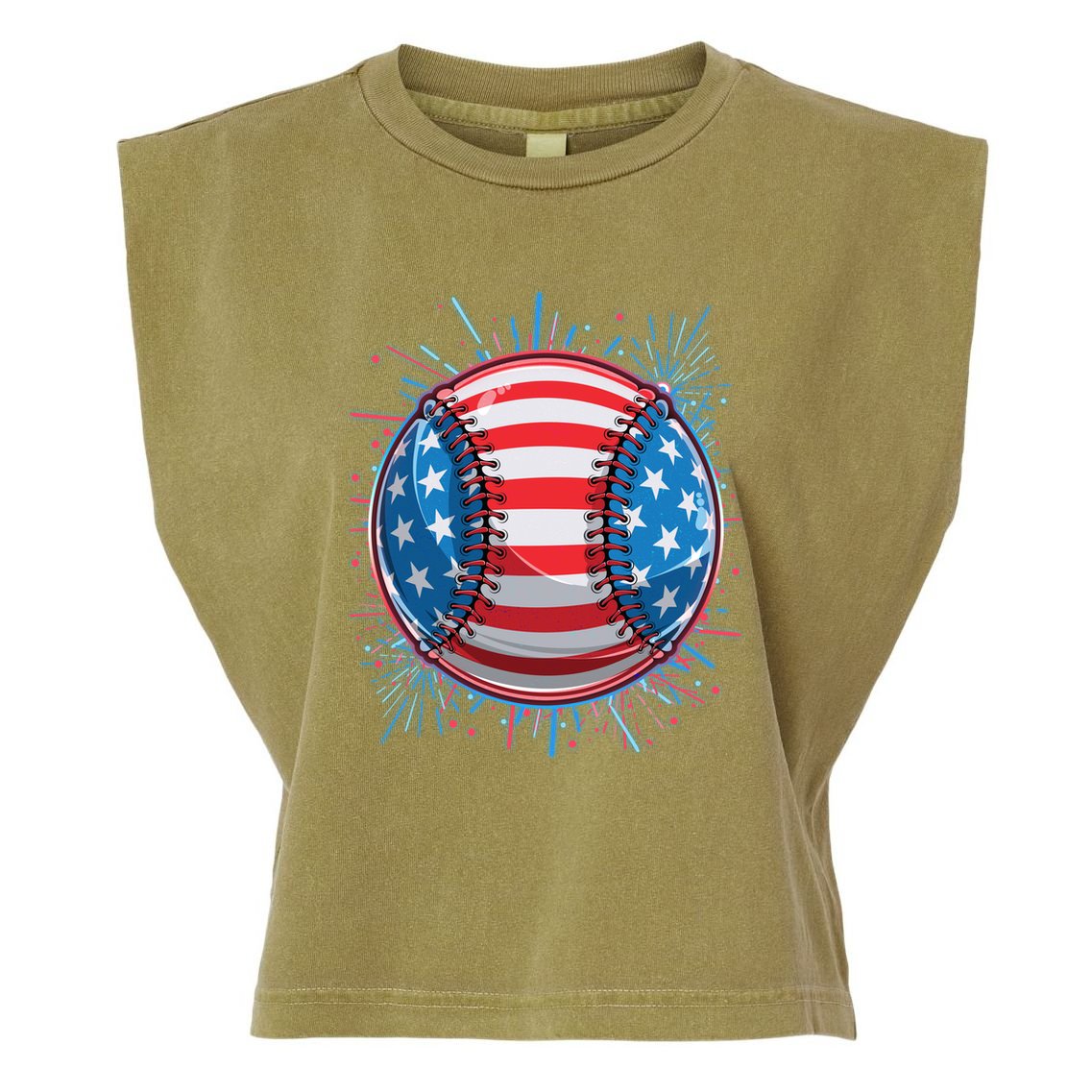 USA American Flag Firework Baseball Garment-Dyed Women's Muscle Tee