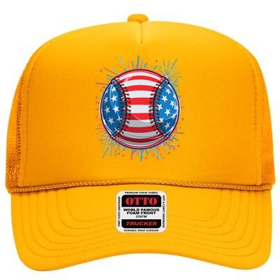 USA American Flag Firework Baseball High Crown Mesh Back Trucker Hat