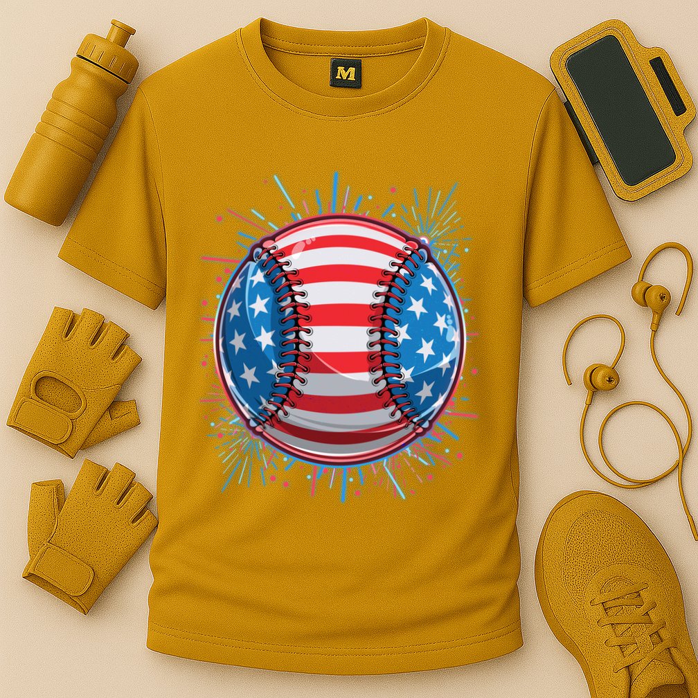 USA American Flag Firework Baseball Cooling Performance Crew T-Shirt