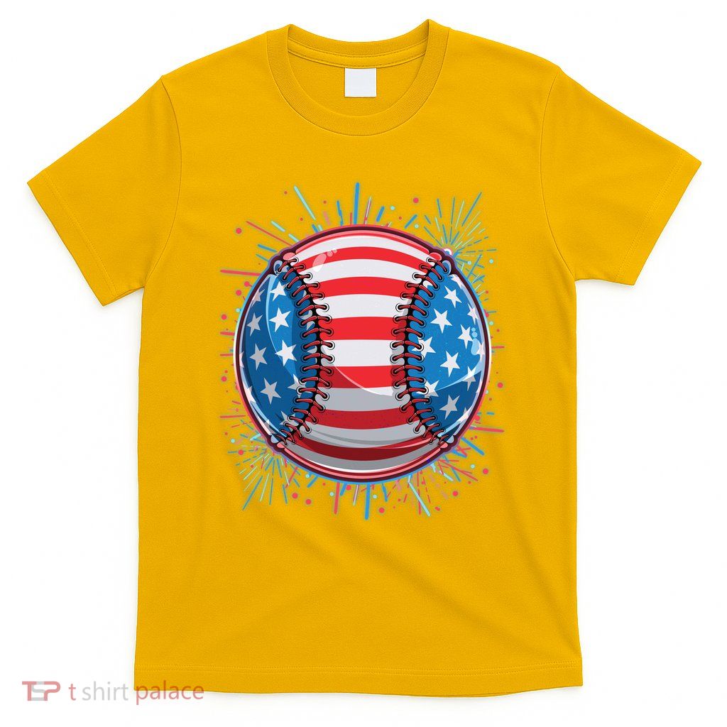 USA American Flag Firework Baseball T-Shirt