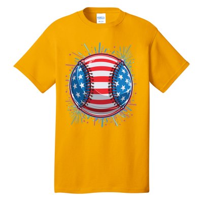 USA American Flag Firework Baseball Tall T-Shirt