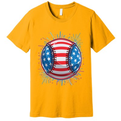 USA American Flag Firework Baseball Premium T-Shirt