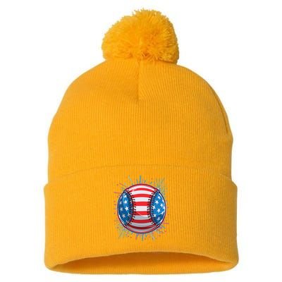 USA American Flag Firework Baseball Pom Pom 12in Knit Beanie