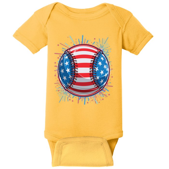 USA American Flag Firework Baseball Baby Bodysuit