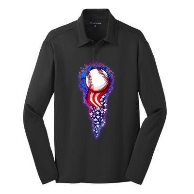 USA American Flag Baseball Star Comet Silk Touch Performance Long Sleeve Polo