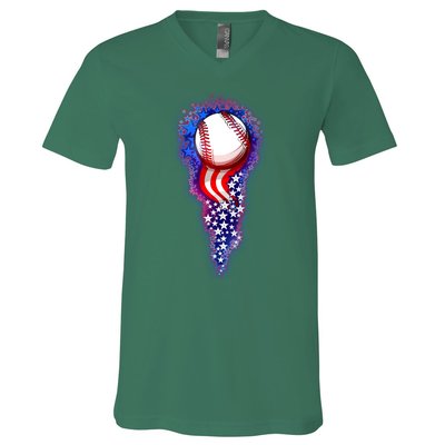 USA American Flag Baseball Star Comet V-Neck T-Shirt