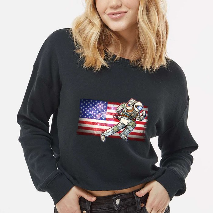 USA American Flag 4th Of July Fireworks Astronaut Cropped Pullover Crew