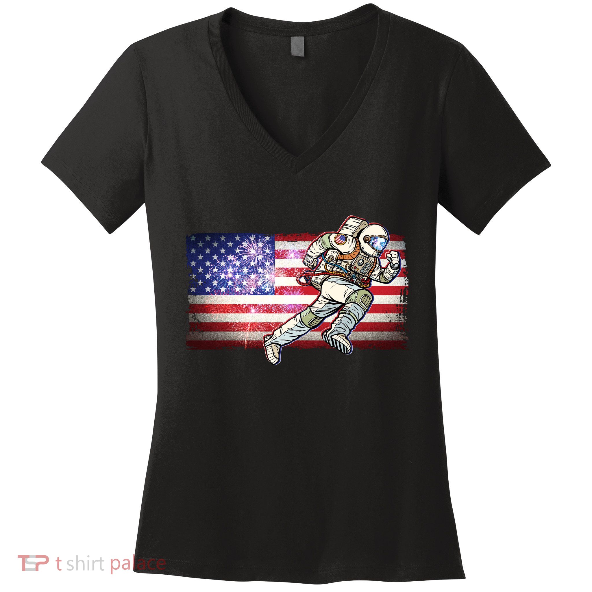 USA American Flag 4th Of July Fireworks Astronaut Women's V-Neck T-Shirt