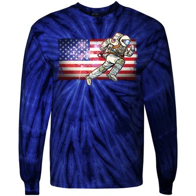 USA American Flag 4th Of July Fireworks Astronaut Tie-Dye Long Sleeve Shirt