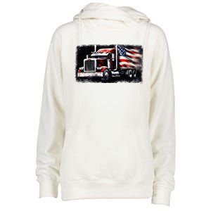 Us American Flag Semi Truck Driver Trucker Womens Funnel Neck Pullover Hood