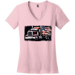 Us American Flag Semi Truck Driver Trucker Women's V-Neck T-Shirt