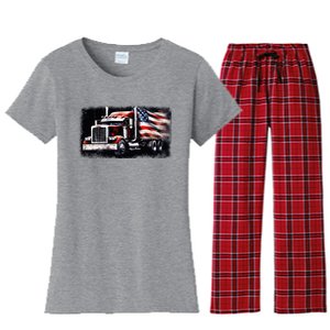 Us American Flag Semi Truck Driver Trucker Women's Flannel Pajama Set