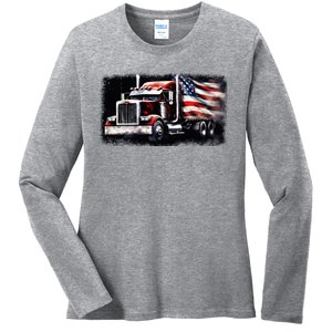 Us American Flag Semi Truck Driver Trucker Ladies Long Sleeve Shirt